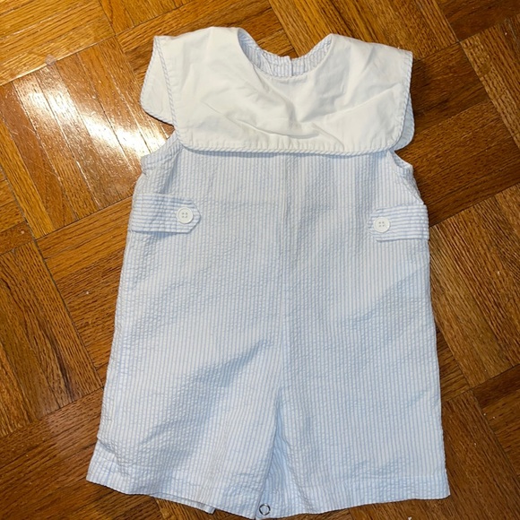 remember nguyen baby boy blue seersucker with white collar sleeveless Shortall - Picture 1 of 5